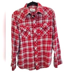 Wrangler Wrancher Western 100% Cotton Flannel Plaid Pearl Snaps Men's Large